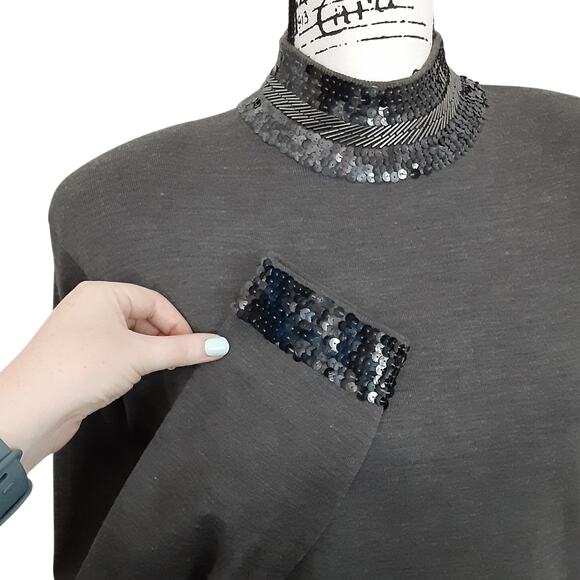 Vintage 90s Sequin Mock Neck Sweater Beaded Gray Long Sleeve Womens M Dynasty - Picture 4 of 11